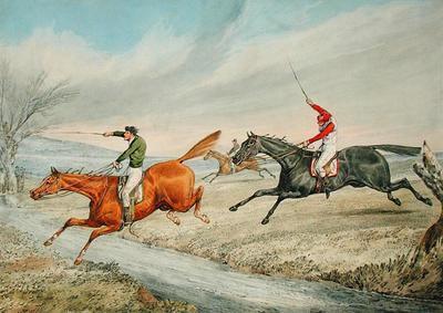 [Alken - Steeplechasing, Three Riders Taking a Brook] 