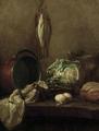 [Still Life with Kettle, Sauce Pan, Cabbage, Bread, Eggs, Leeks and Herrings]