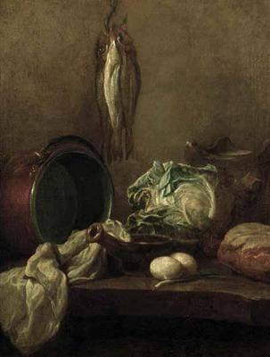 [Chardin - Still Life with Kettle, Sauce Pan, Cabbage, Bread, Eggs, Leeks and Herrings] 