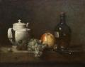 [White Teapot with Grapes, Apple, Chestnuts, Knife and Bottle]