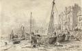 [Beached Fishing Boats with Fishermen Mending Nets on the Beach at Brighton, Looking West]