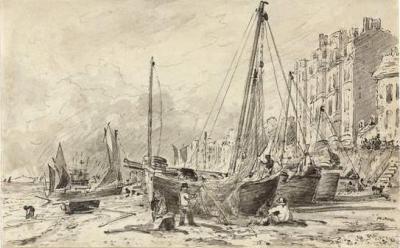 [Constable - Beached Fishing Boats with Fishermen Mending Nets on the Beach at Brighton, Looking West] 
