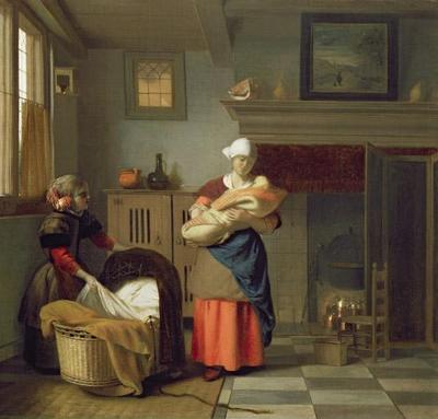 [De Hooch - Nursemaid with Baby in an Interior and a Young Girl preparing the Cradle] 