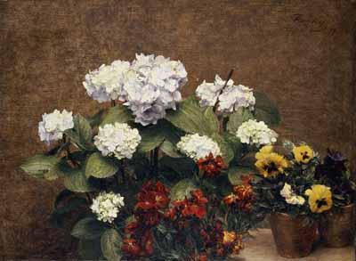 [Fantin-Latour - Hydrangeas, Wallflowers and Two Pots of Pansies] 