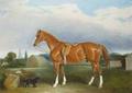 [A Chestnut Hunter and a Spaniel by Farm Buildings]