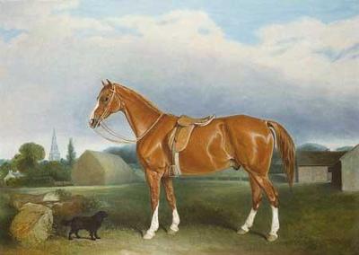 [Ferneley - A Chestnut Hunter and a Spaniel by Farm Buildings] 