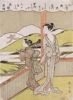 [Harunobu - Two Girls on a Veranda Overlooking a Landscape] 