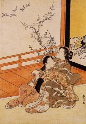 [Harunobu - Two Women Seated by a Verandah, One Pointing at Geese in Flight] 