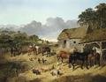 [Horses Drinking from a Water Trough, with Pigs and Chickens]