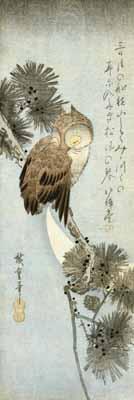 [Hiroshige - The Crescent Moon and Owl Perched on Pine Branches] 