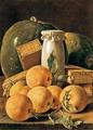 [Still Life of Oranges, Watermelon, a Pot and Boxes of Cake]