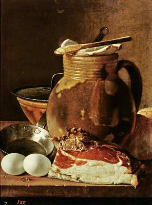 [Melendez - Still Life with Ham, Eggs, Bread, Frying Pan and Pitcher] 