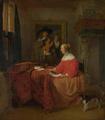 [A Woman seated at a Table and a Man tuning a Violin]