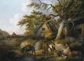 [Travellers at Rest beside a Row of Cottages]