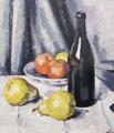 [Apples, Pears and a Black Bottle on a Draped Table]