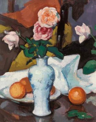 [Peploe - Roses in a Vase with Oranges and a White Tablecloth] 