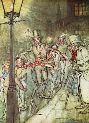 [Rackham - Bob Cratchit went down a Slide on Cornhill] 