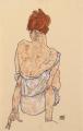 [Seated Woman in Underwear, Rear View]