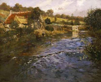 [Thaulow - La Passerelle: A French River Landscape with a Washerwoman] 