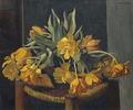 [Double Yellow Tulips on a Wicker Chair]